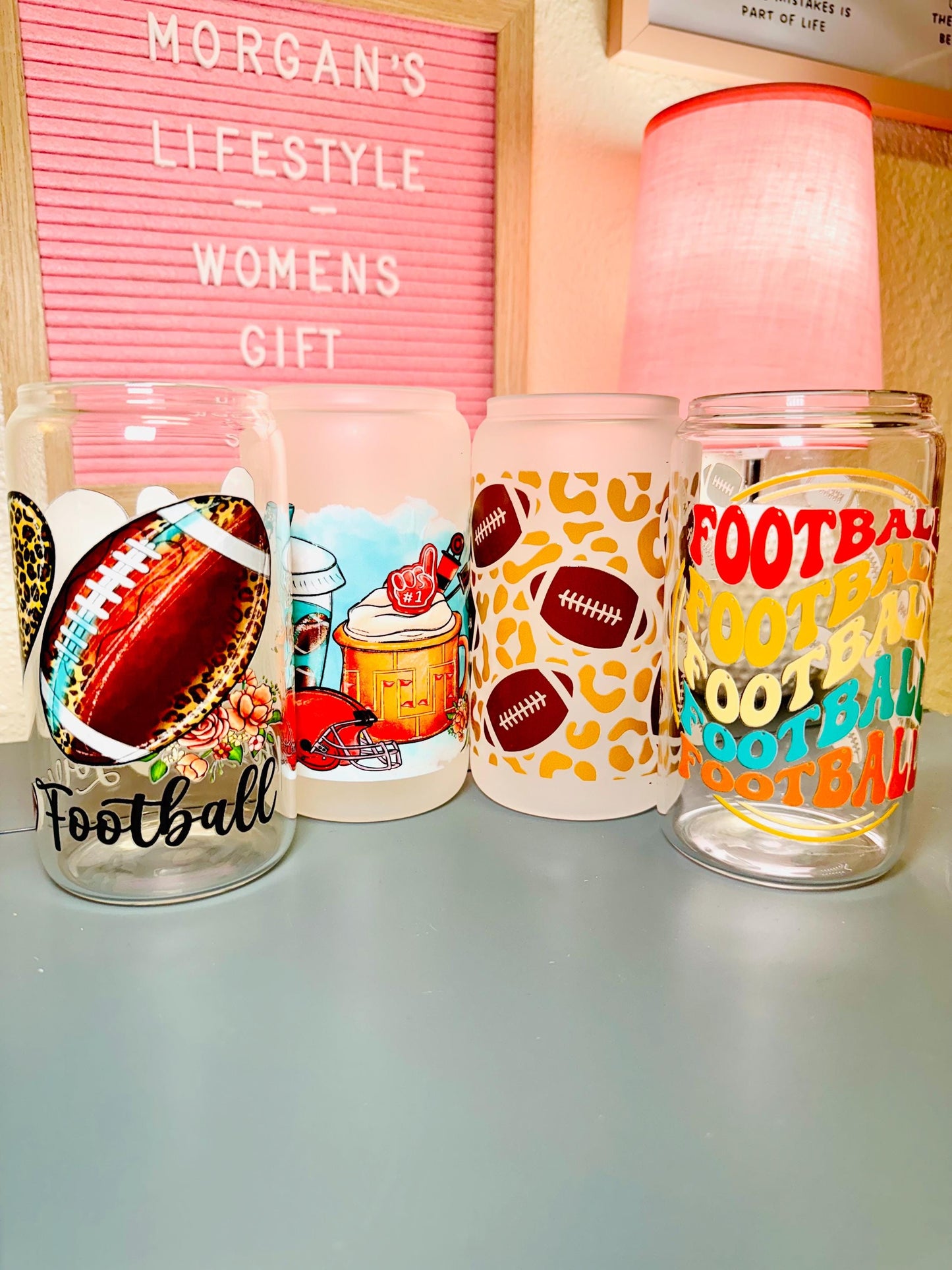 Football Glass Cup With Bamboo Lid & Reusable Straw for Football Season