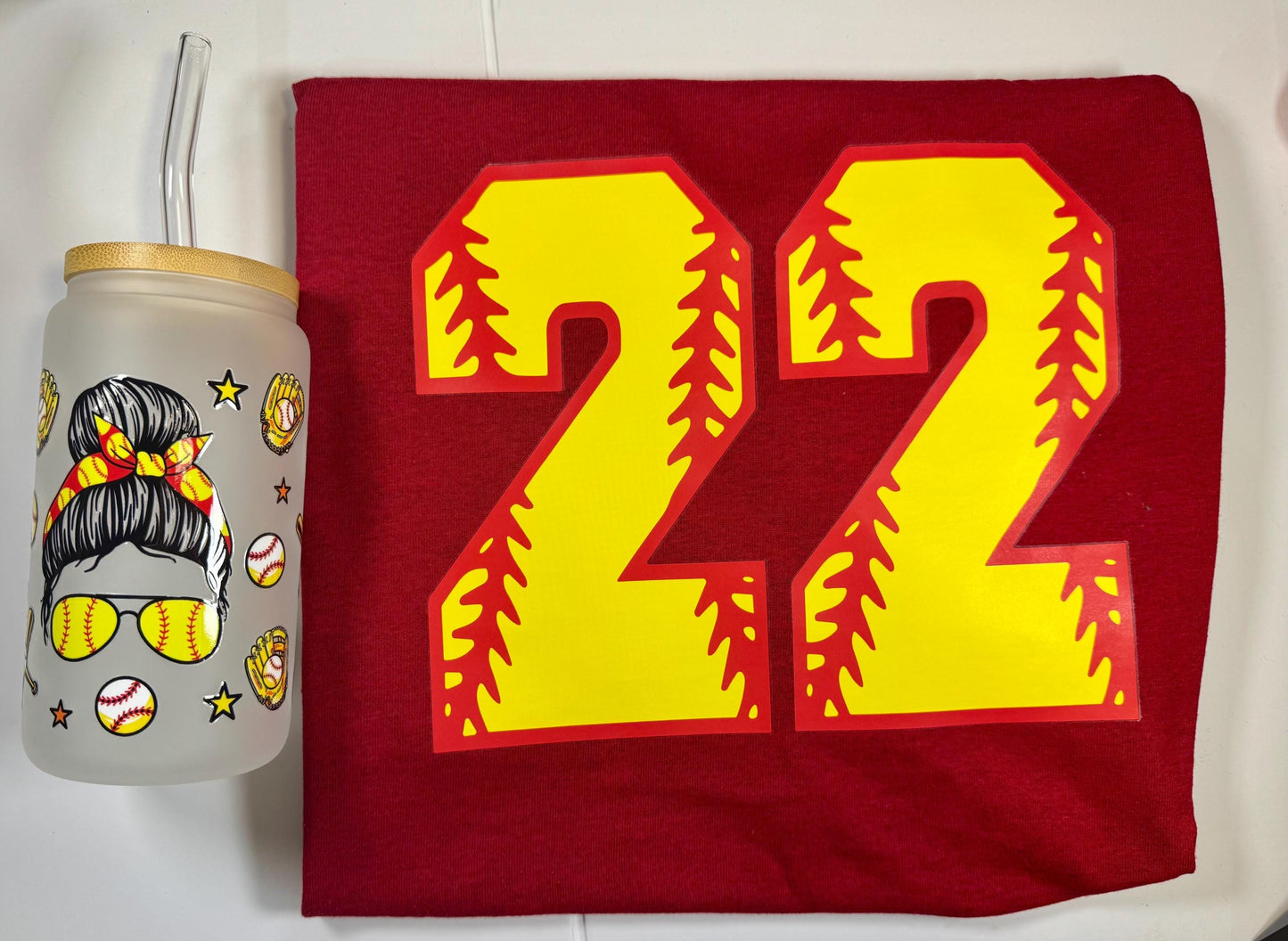 16oz Glass Cup With Bamboo Lid & Reusable Straw With Matching TShirt for Softball Fans Mamas Family and Friends - Eco Friendly Drinkware
