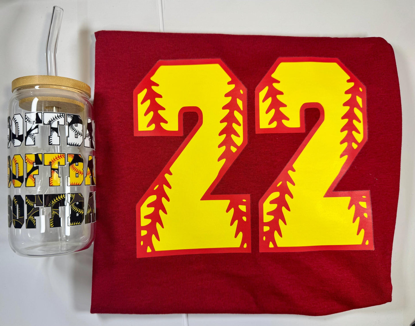 16oz Glass Cup With Bamboo Lid & Reusable Straw With Matching TShirt for Softball Fans Mamas Family and Friends - Eco Friendly Drinkware