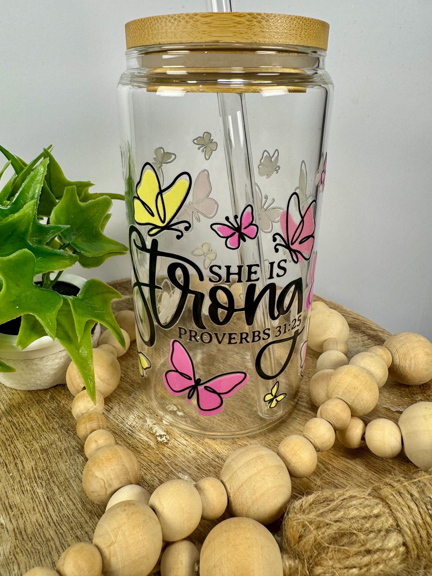 She is Strong 16oz Glass Cup with Vibrant DTF Wrap