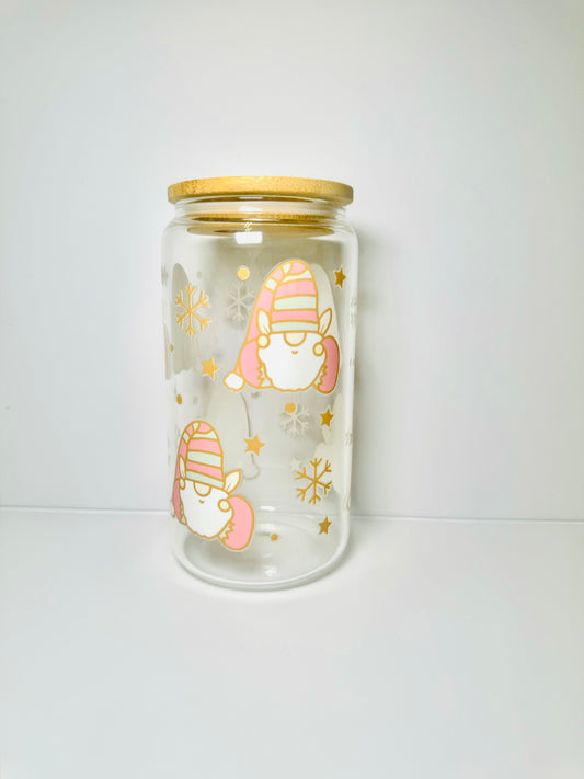 Gnomes Christmas 16oz Glass Cup with Vibrant DTF Wrap