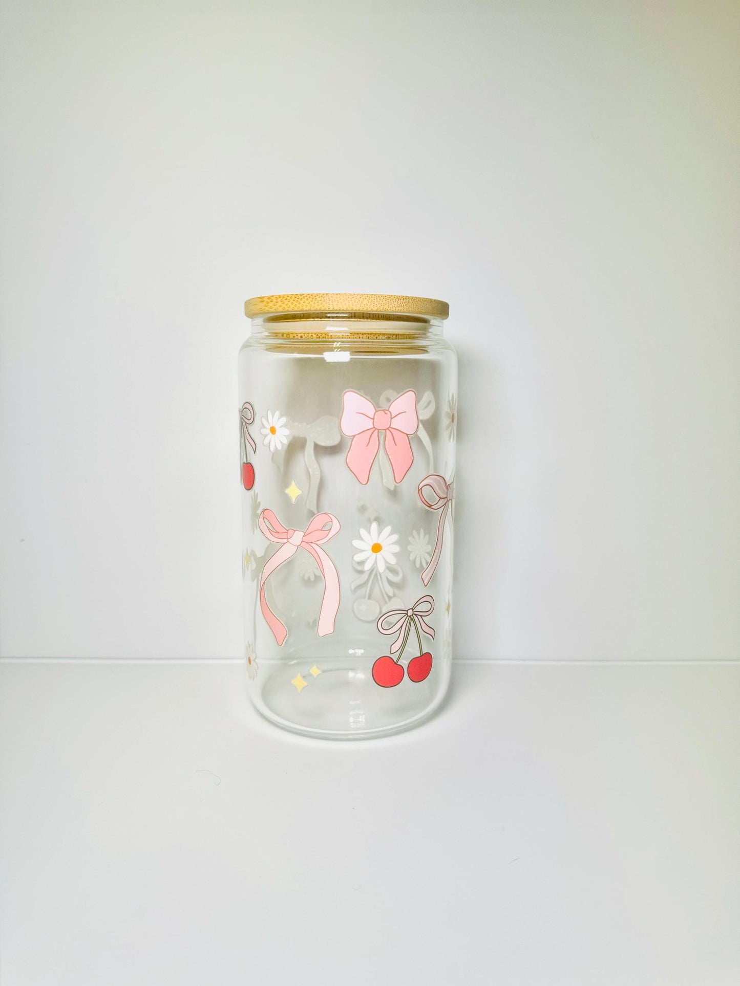 Pink Bows Style 2 Glass Cup With Bamboo Lid & Straw