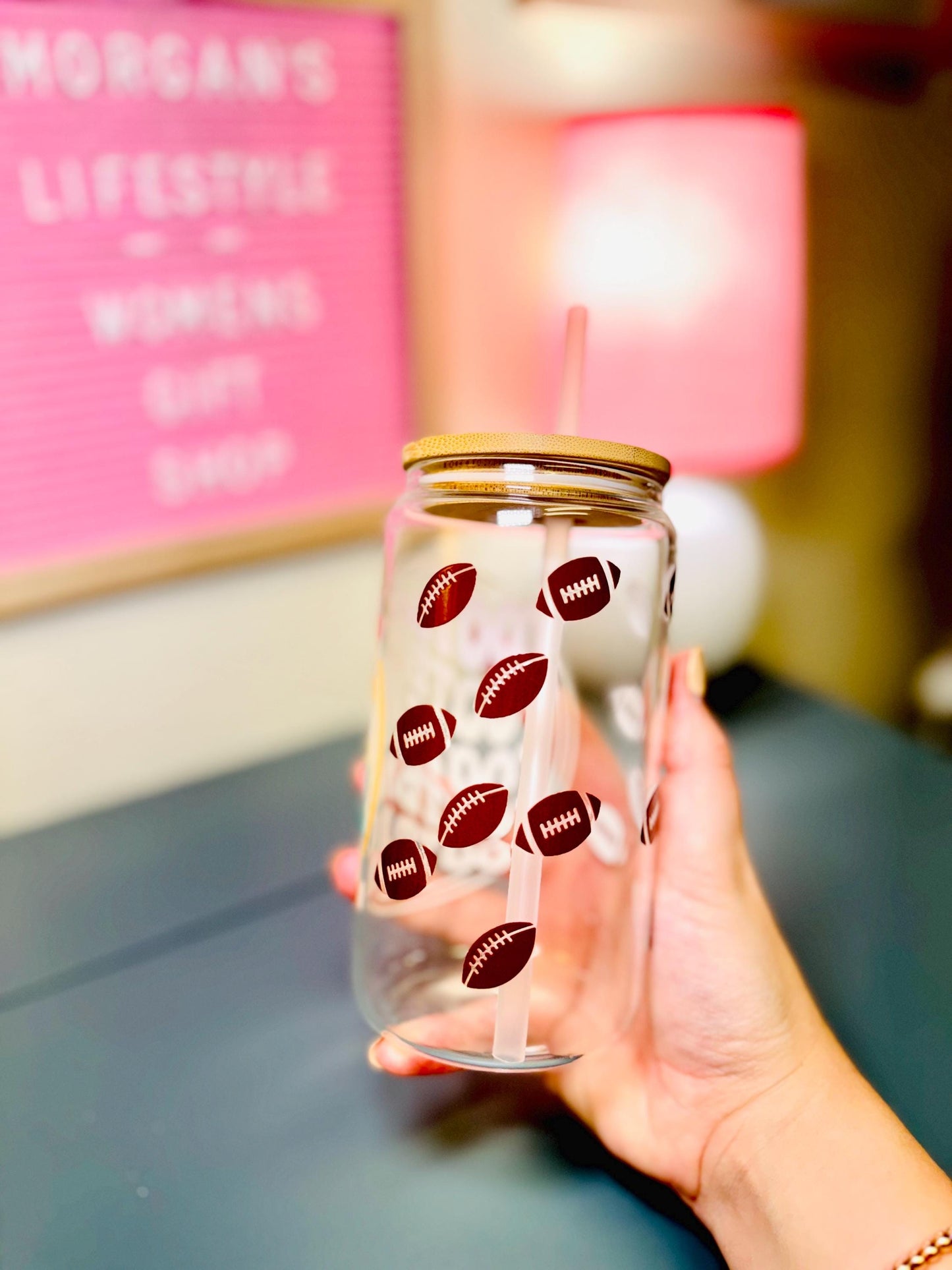 Football Glass Cup With Bamboo Lid & Reusable Straw for Football Season