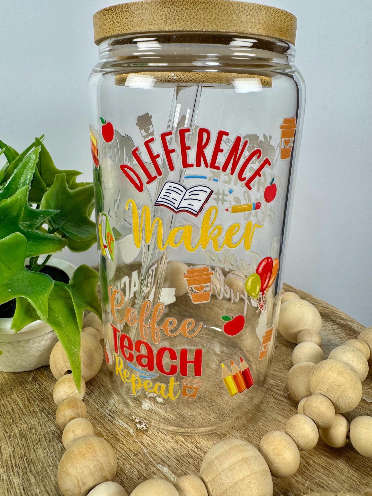 Teacher 16oz Glass Cup with Vibrant DTF Wrap