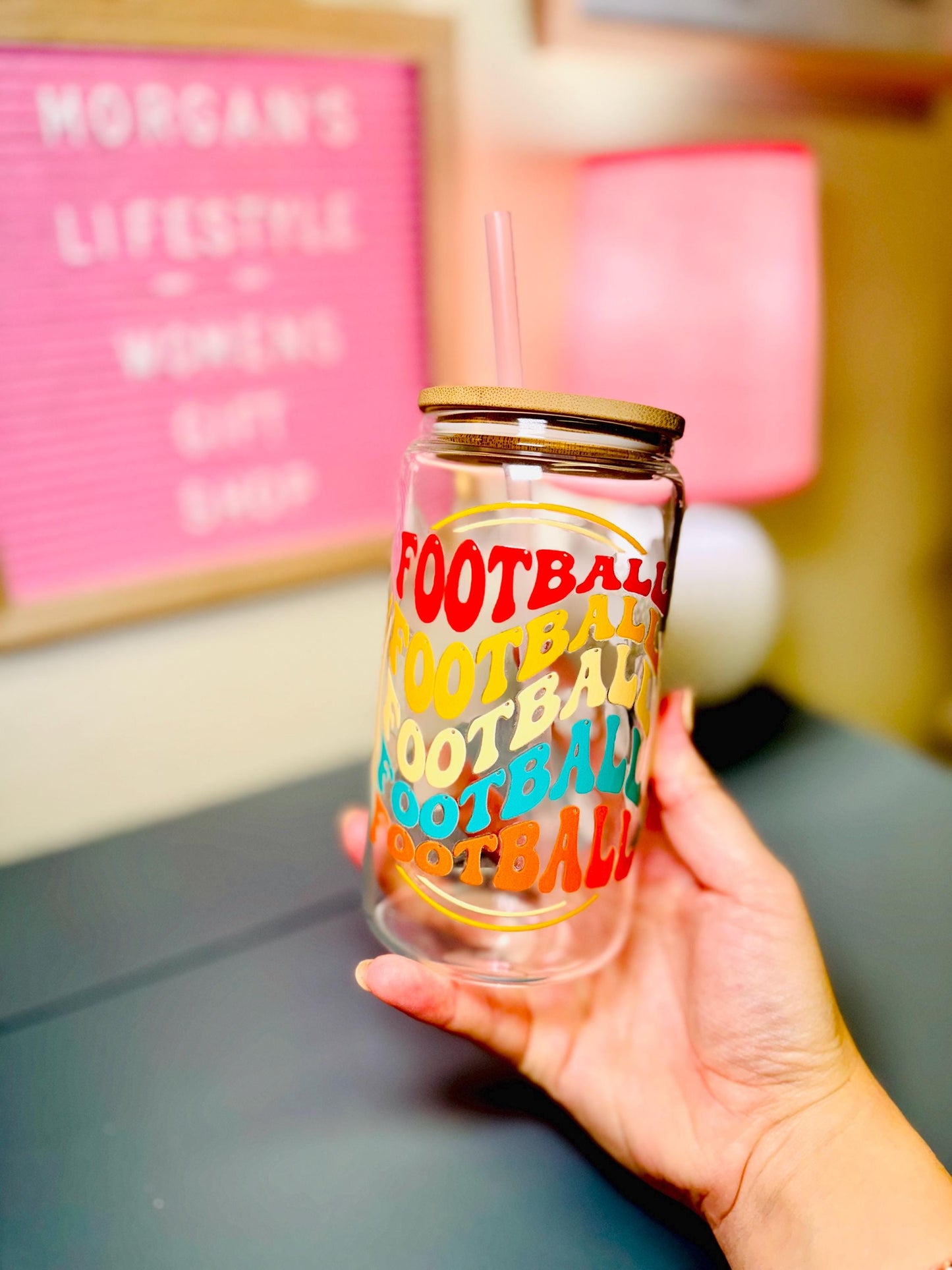 Football Glass Cup With Bamboo Lid & Reusable Straw for Football Season