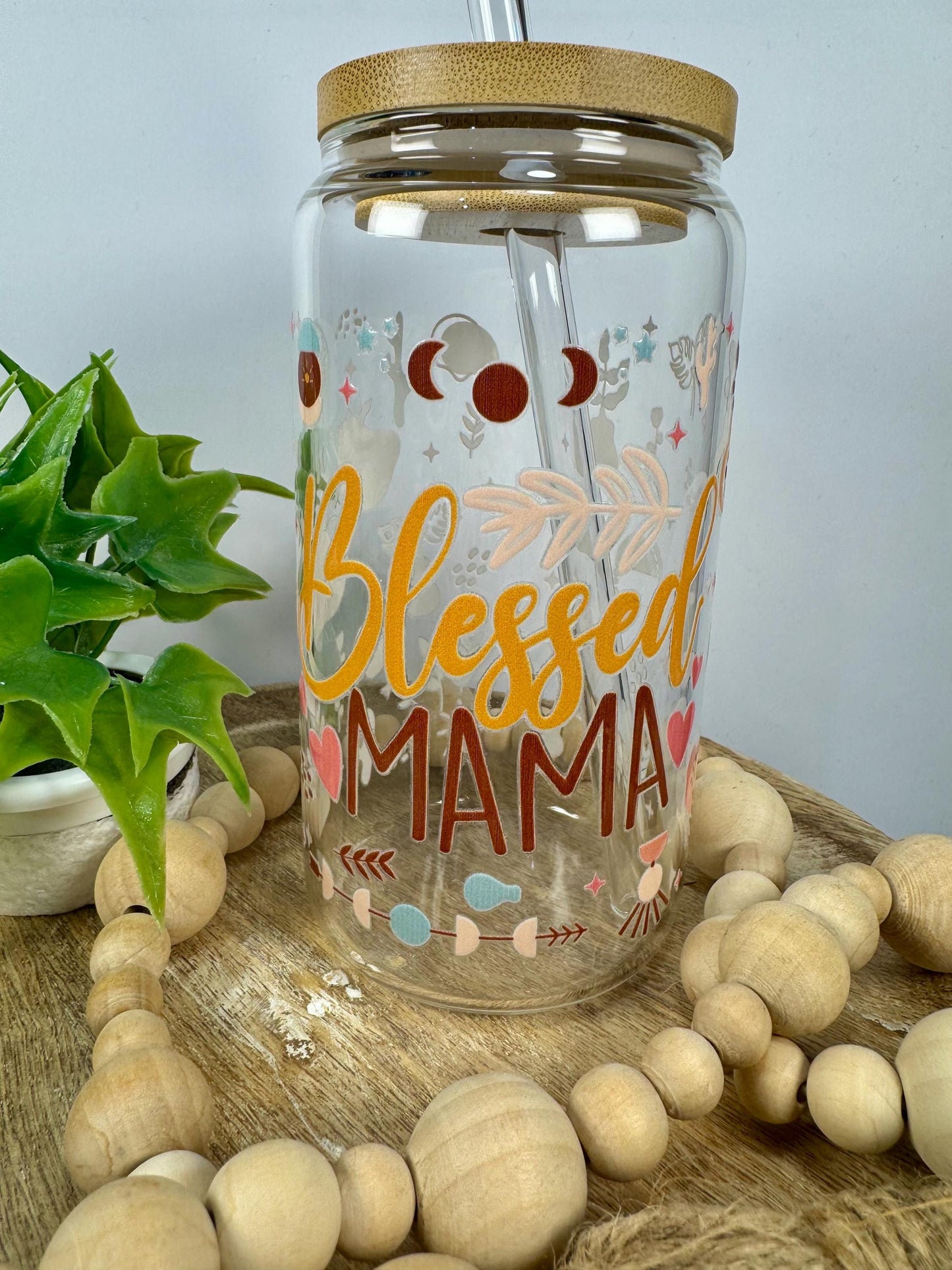 Blessed Mama 16oz Glass Cup with Vibrant DTF Wrap