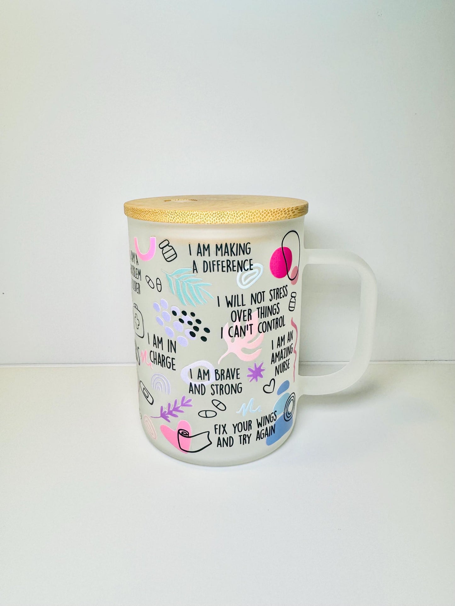 Nurses glass frosted mug With Bamboo Lid & Straw