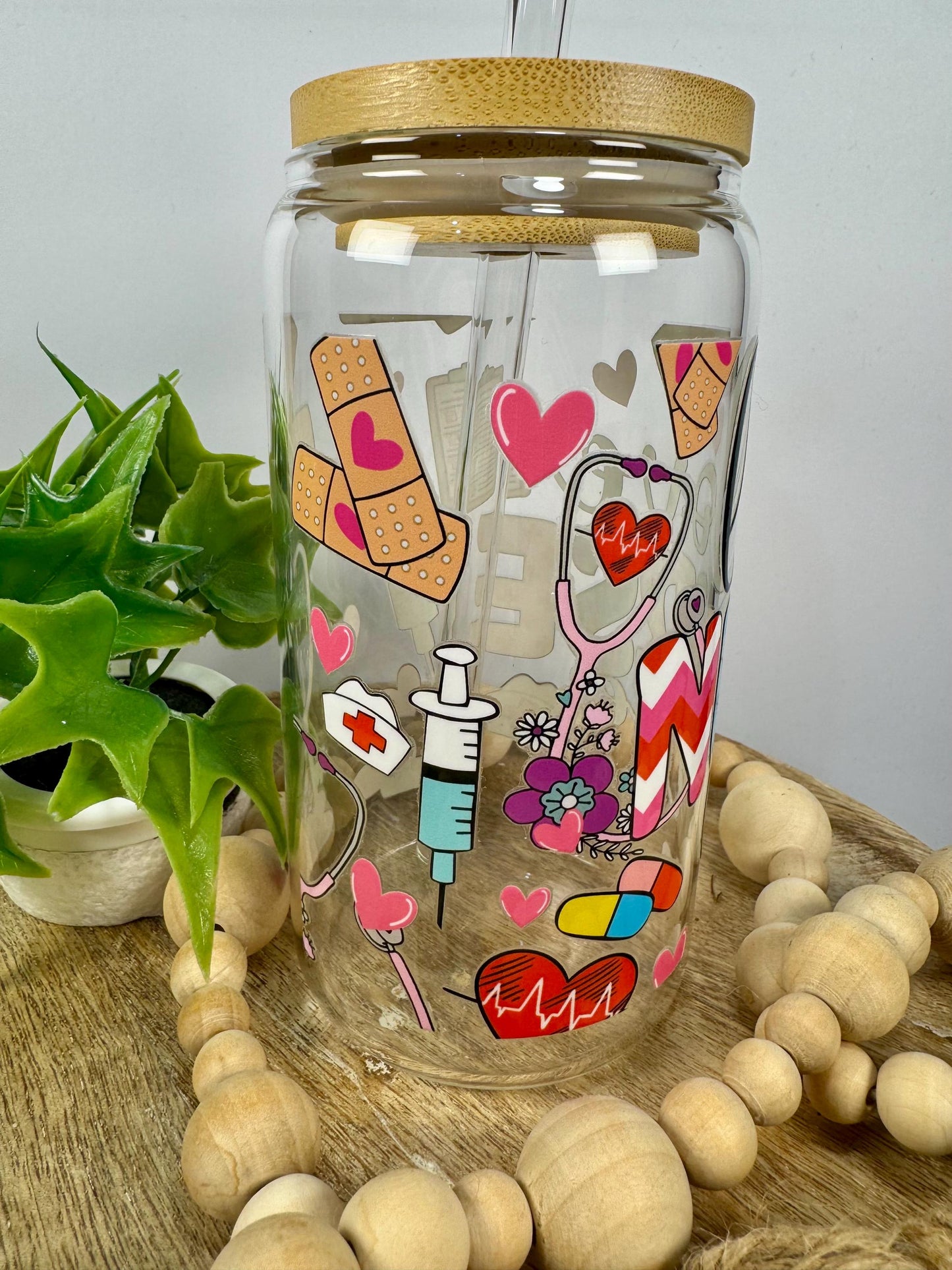 Love Nurse Life 16oz Glass Cup with Vibrant DTF Wrap