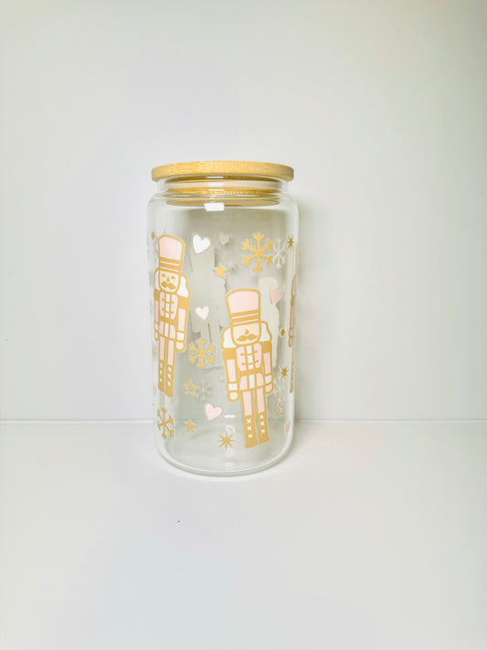 Nutcracker Christmas 16oz Glass Cup with Vibrant DTF Wrap
