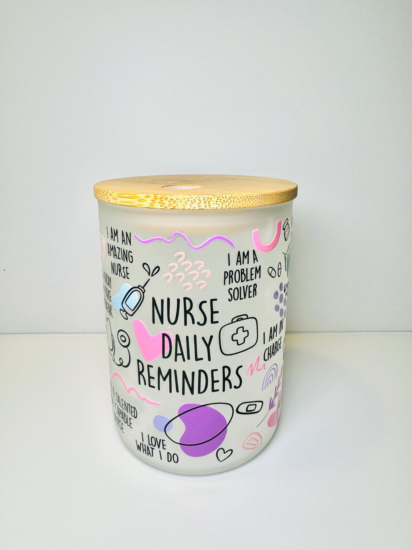 Nurses glass frosted mug With Bamboo Lid & Straw