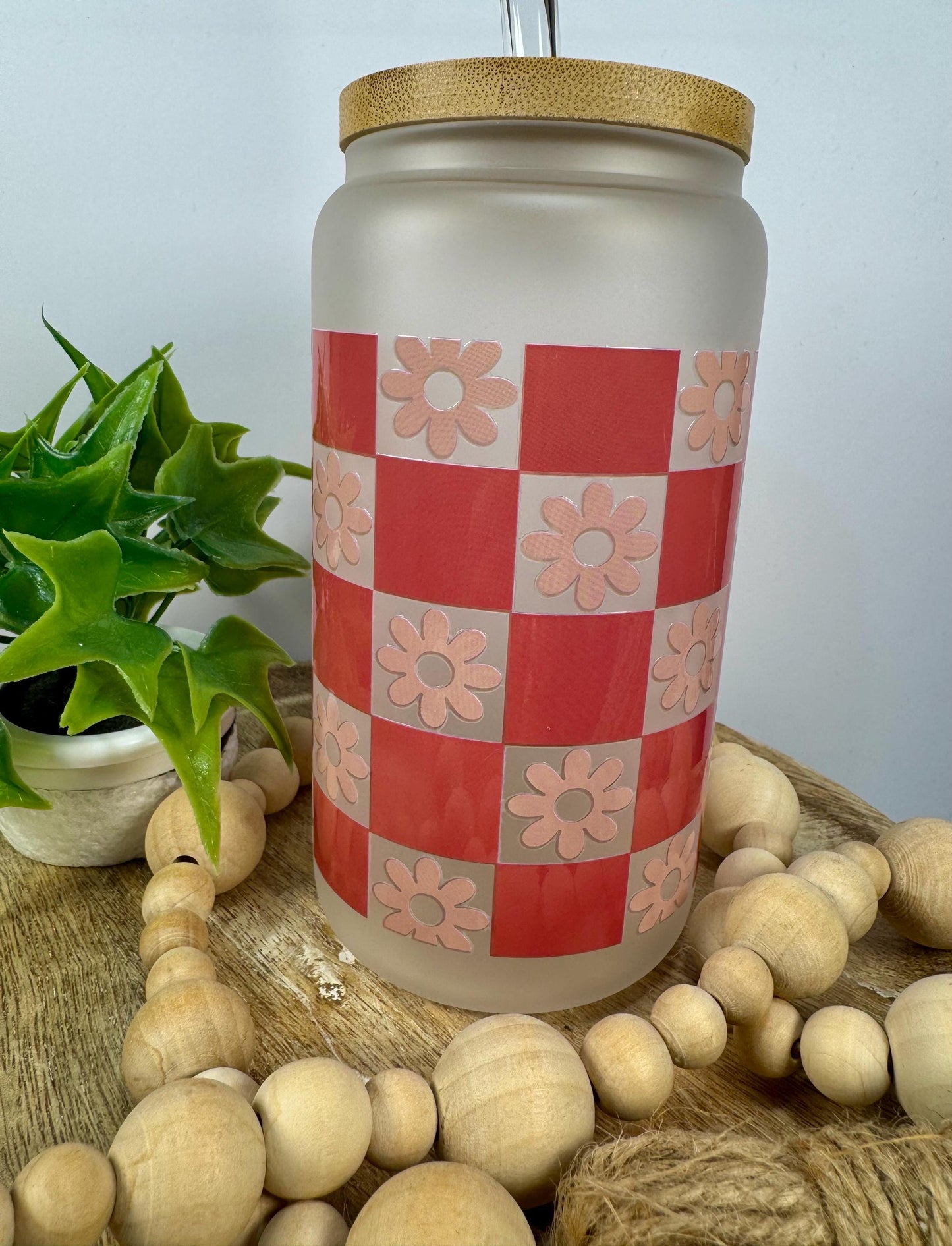 Checked Flowers 16oz Glass Cup with Vibrant DTF Wrap