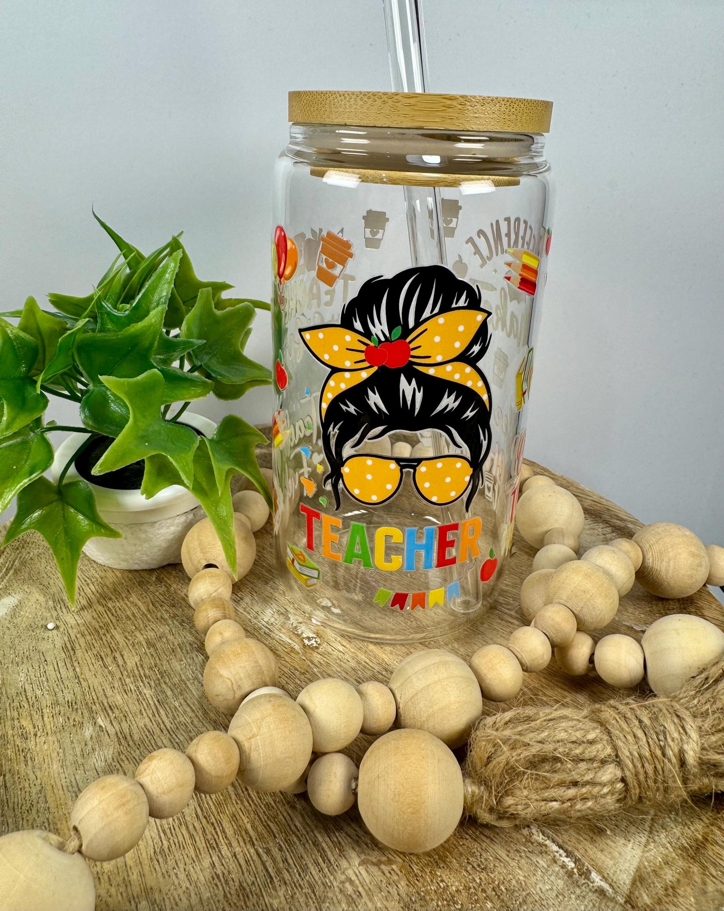 Teacher 16oz Glass Cup with Vibrant DTF Wrap