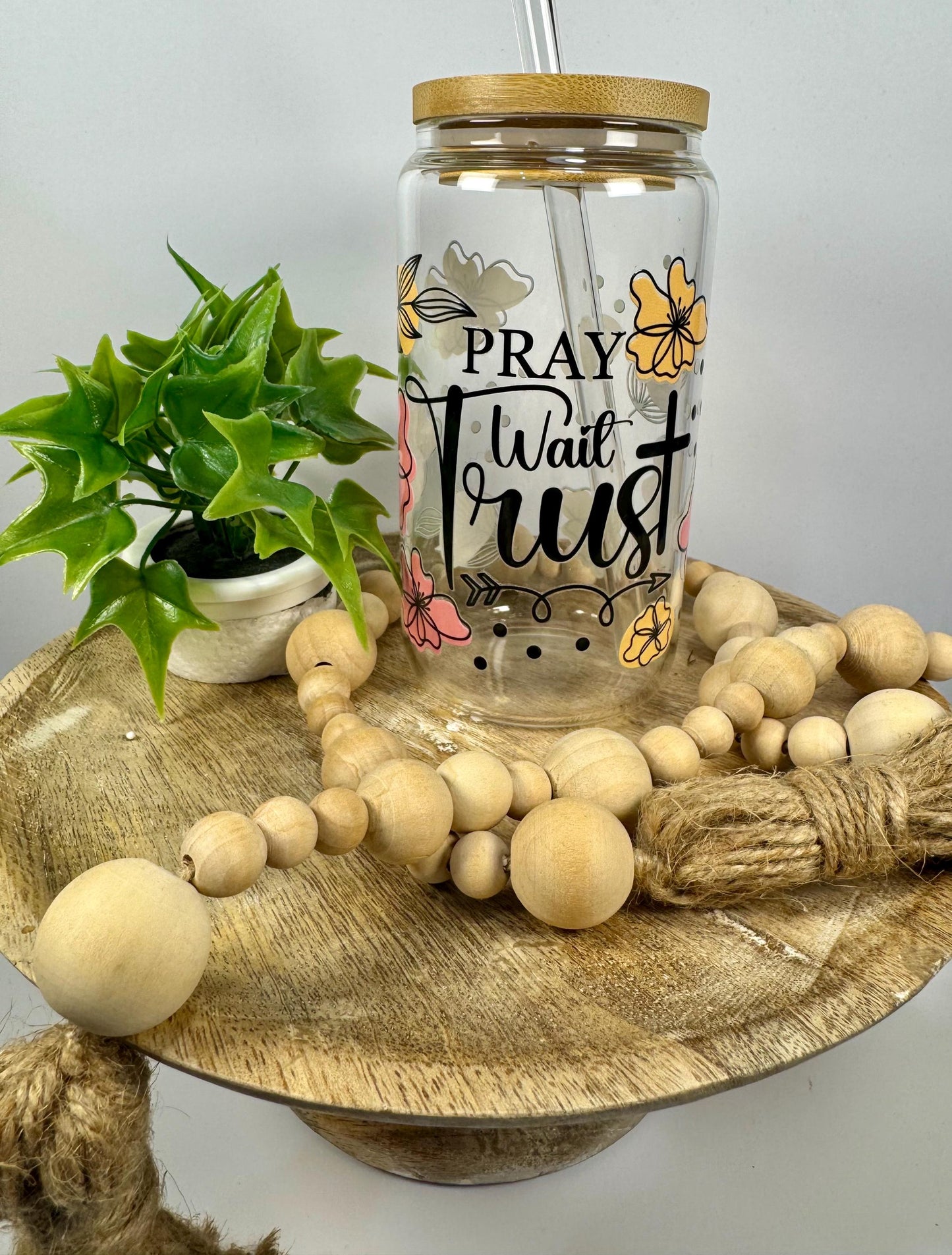 Pray Wait Trust 16oz Glass Cup with Vibrant DTF Wrap
