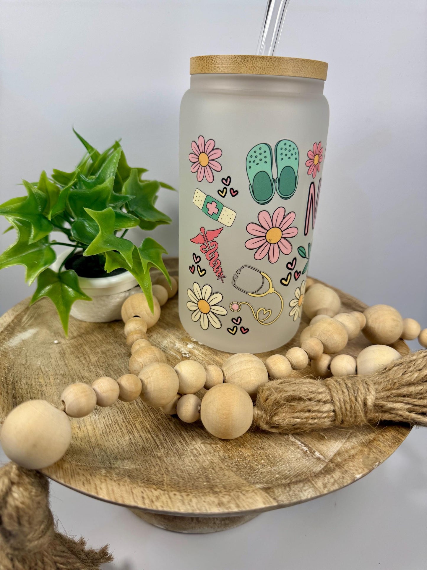 Nurses 16oz Glass Cup with Vibrant DTF Wrap
