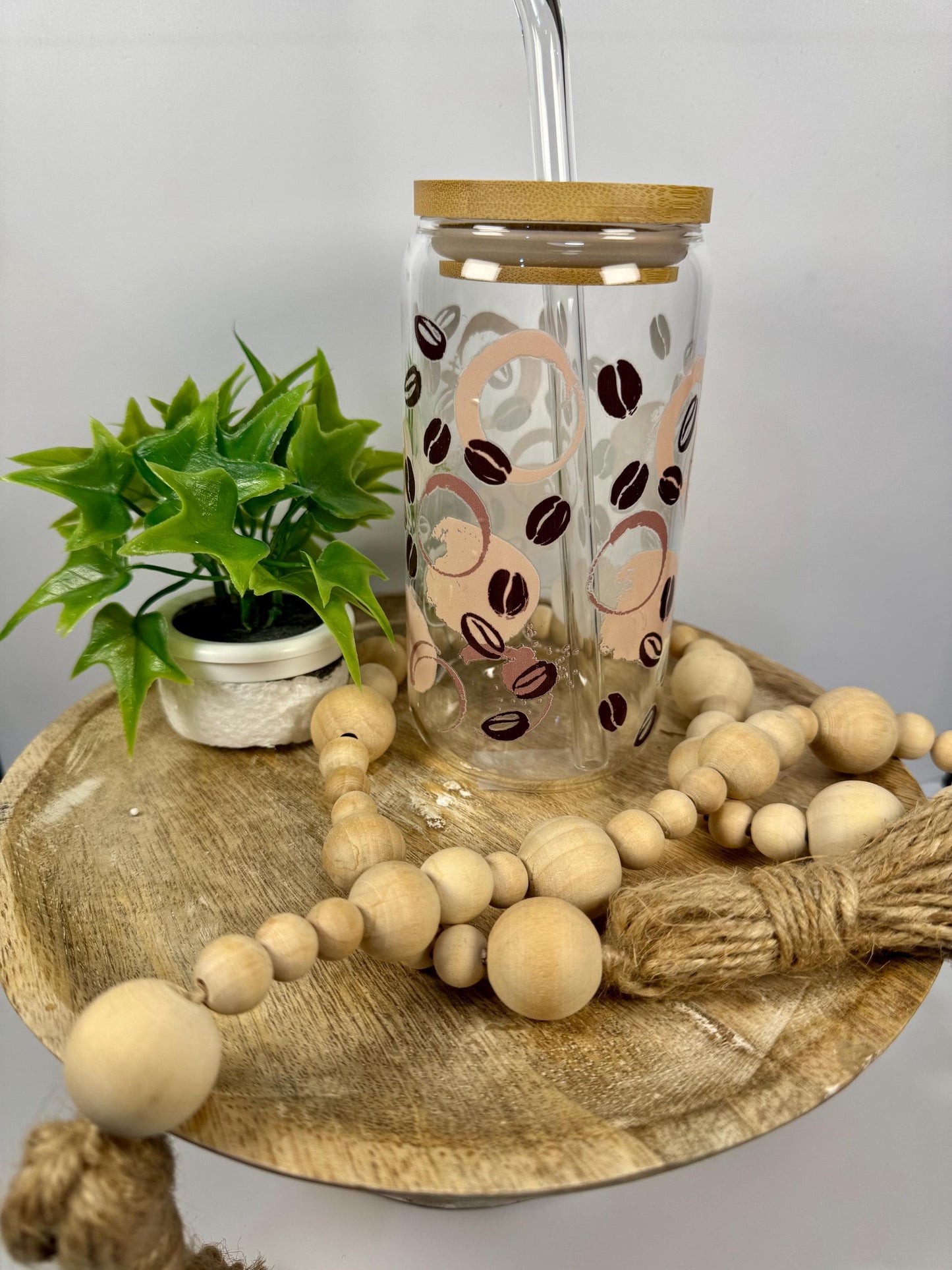 Coffee Beans Style Glass Cup With Bamboo Lid & Reusable Straw for coffee lovers