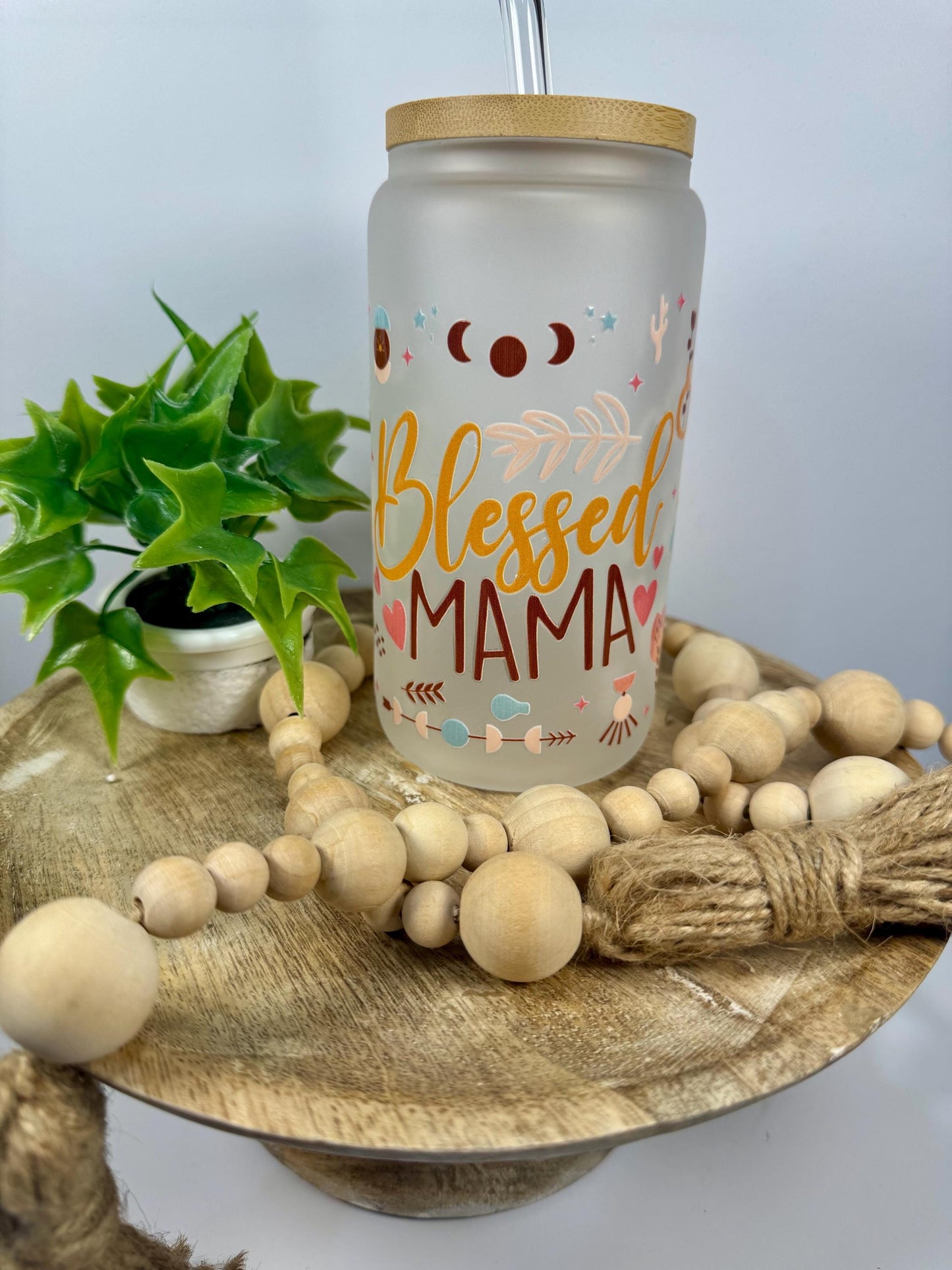 Blessed Mama FROSTED 16oz Glass Cup with Vibrant DTF Wrap