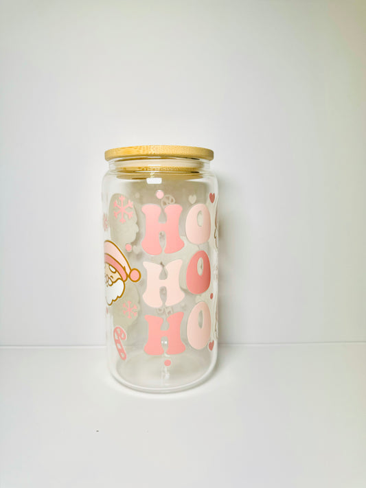 Santa Ho Ho Ho Christmas 16oz Glass Cup with Vibrant DTF Wrap