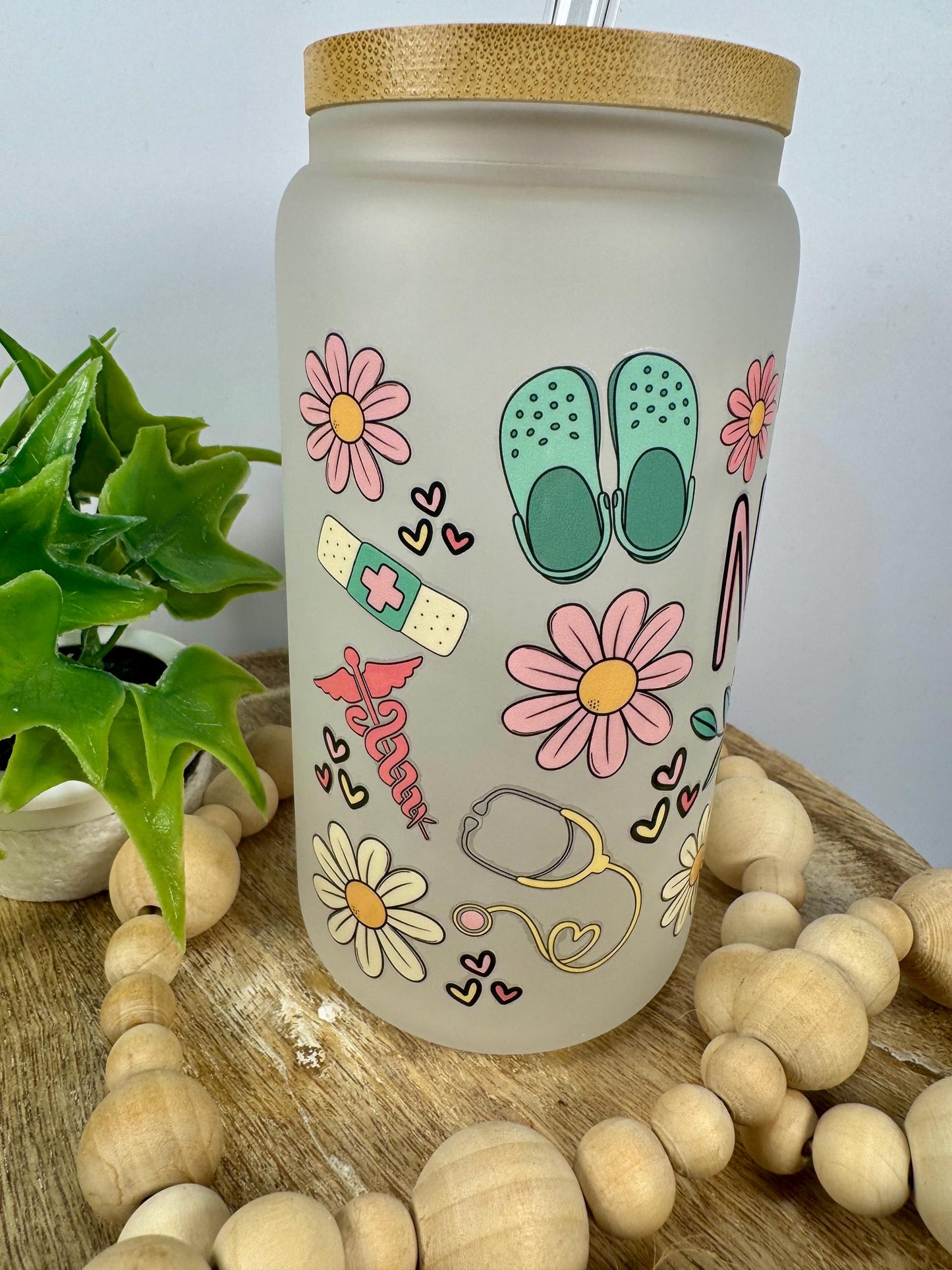 Nurses 16oz Glass Cup with Vibrant DTF Wrap