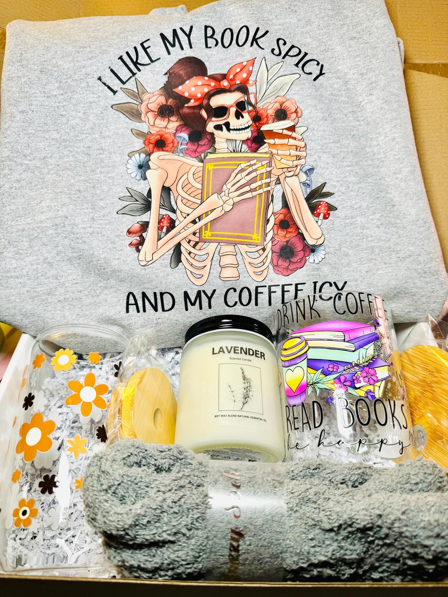 Book Lovers Gift Box for Women - Crewneck, Glass Mug, Glass Cup, Single Wick Candle, Fuzzy Socks