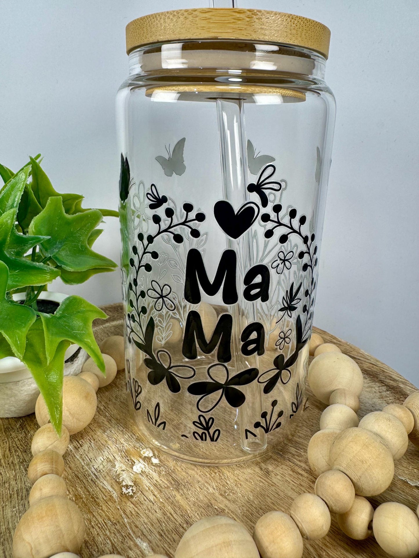 Mama Style 1 16oz Glass Cup with Vibrant DTF Wrap