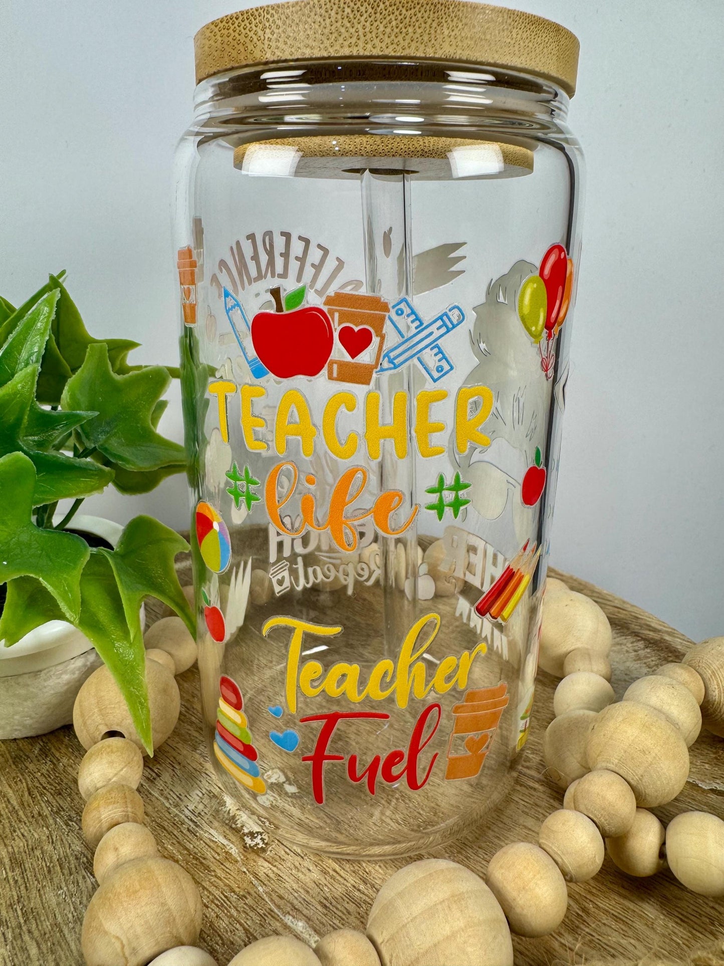 Teacher 16oz Glass Cup with Vibrant DTF Wrap