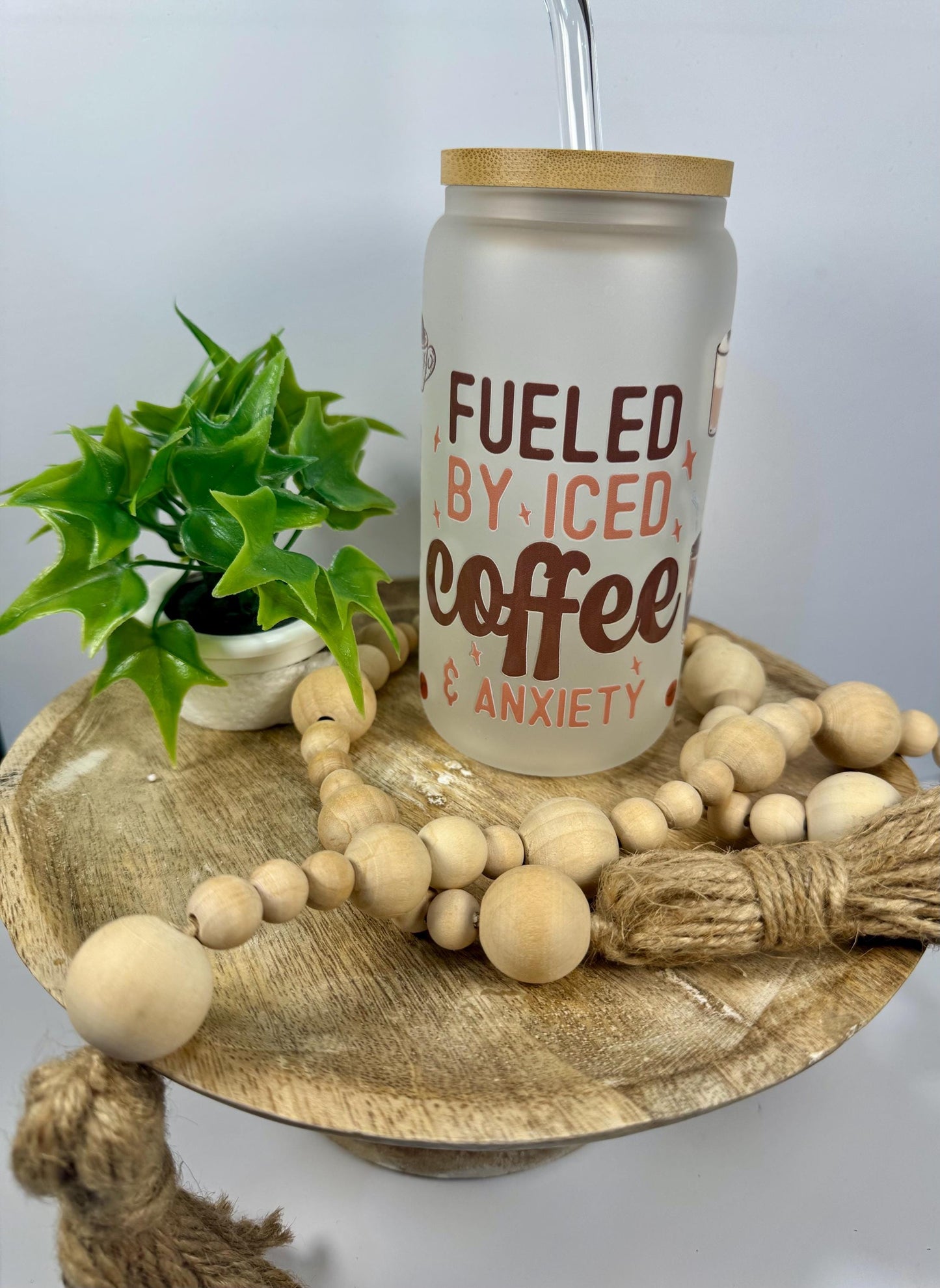 Filed By Iced Coffee & Anxiety 16oz Glass Cup with Vibrant DTF Wrap