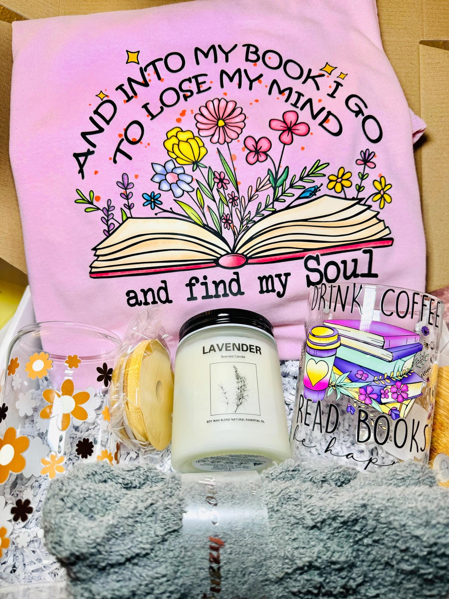 Book Lovers Gift Box for Women - Crewneck, Glass Mug, Glass Cup, Single Wick Candle, Fuzzy Socks