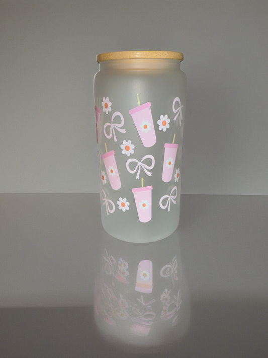 💕 Pink Cups, Bows & Daisies Frosted Glass Cup