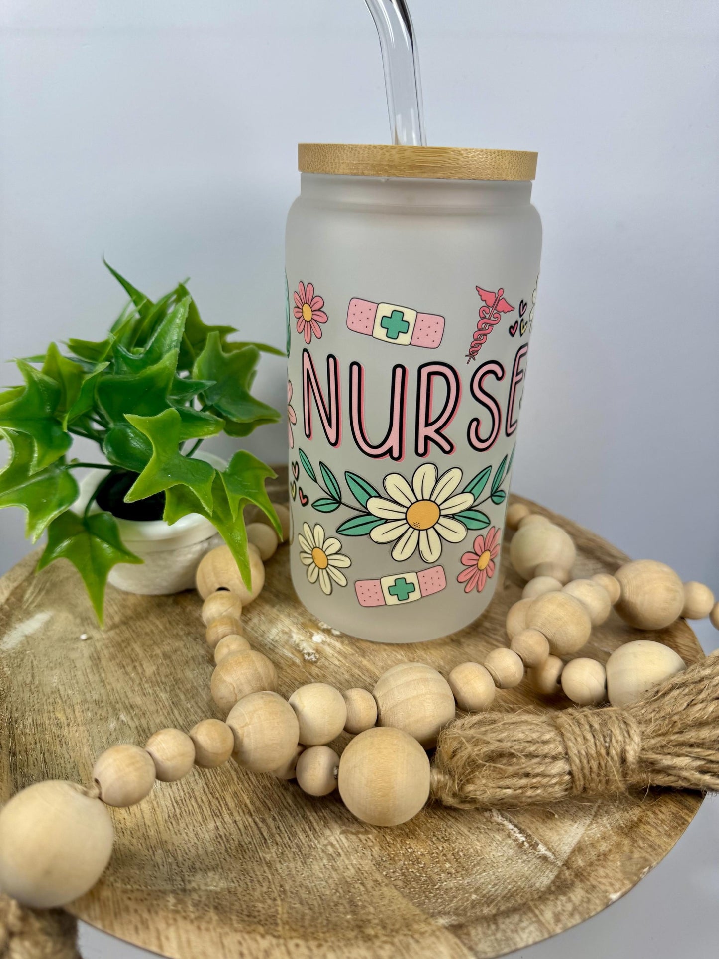Nurses 16oz Glass Cup with Vibrant DTF Wrap