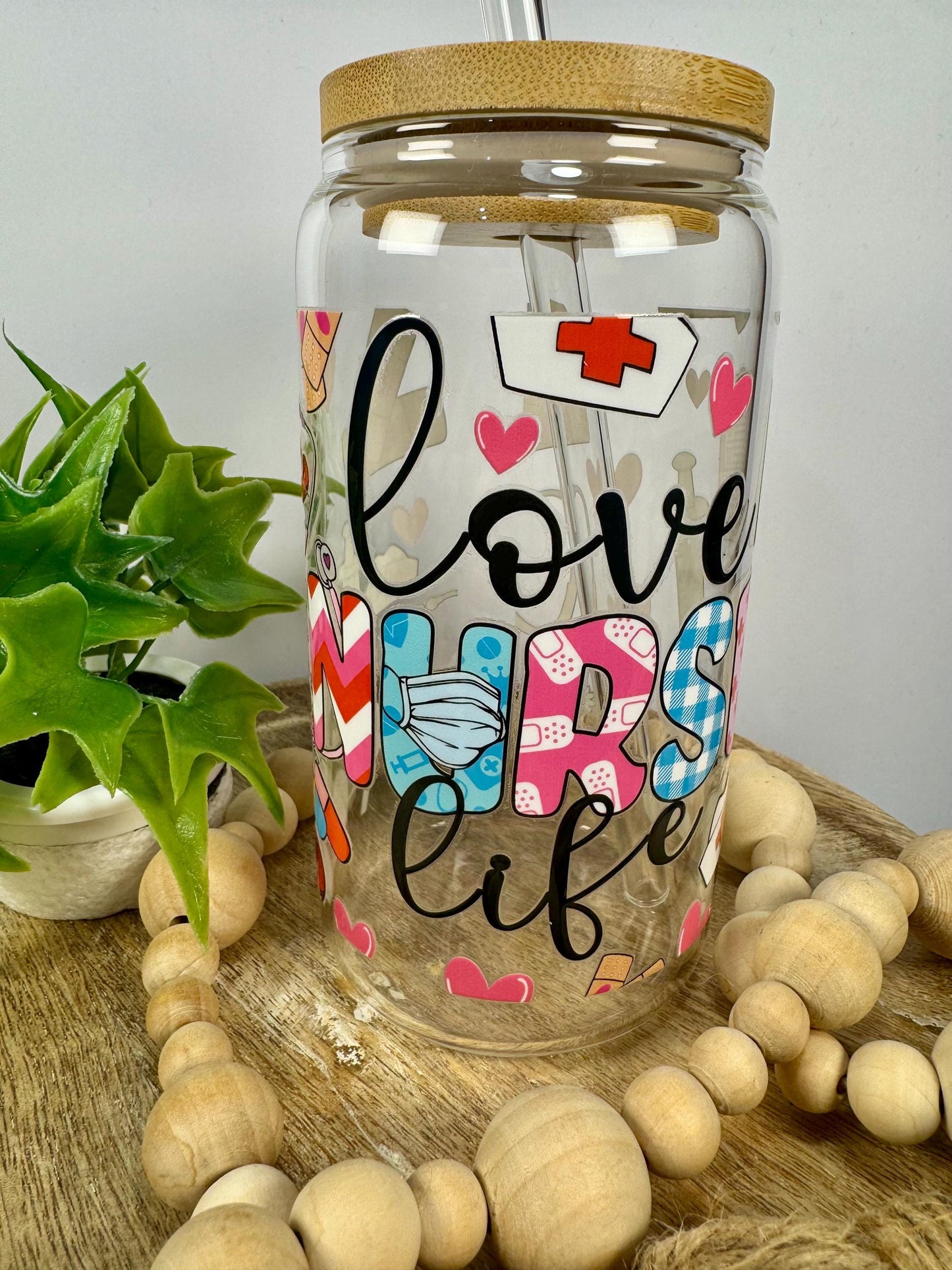 Love Nurse Life 16oz Glass Cup with Vibrant DTF Wrap