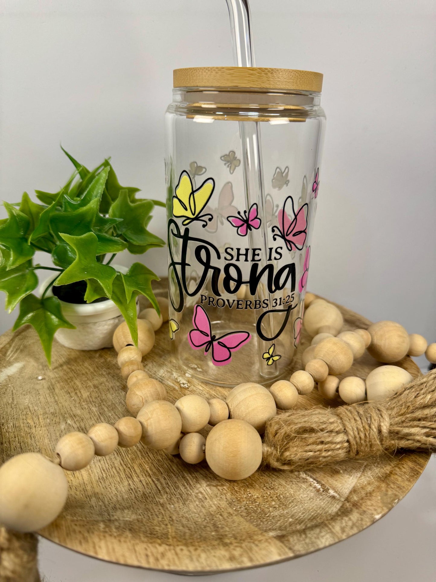 She is Strong 16oz Glass Cup with Vibrant DTF Wrap