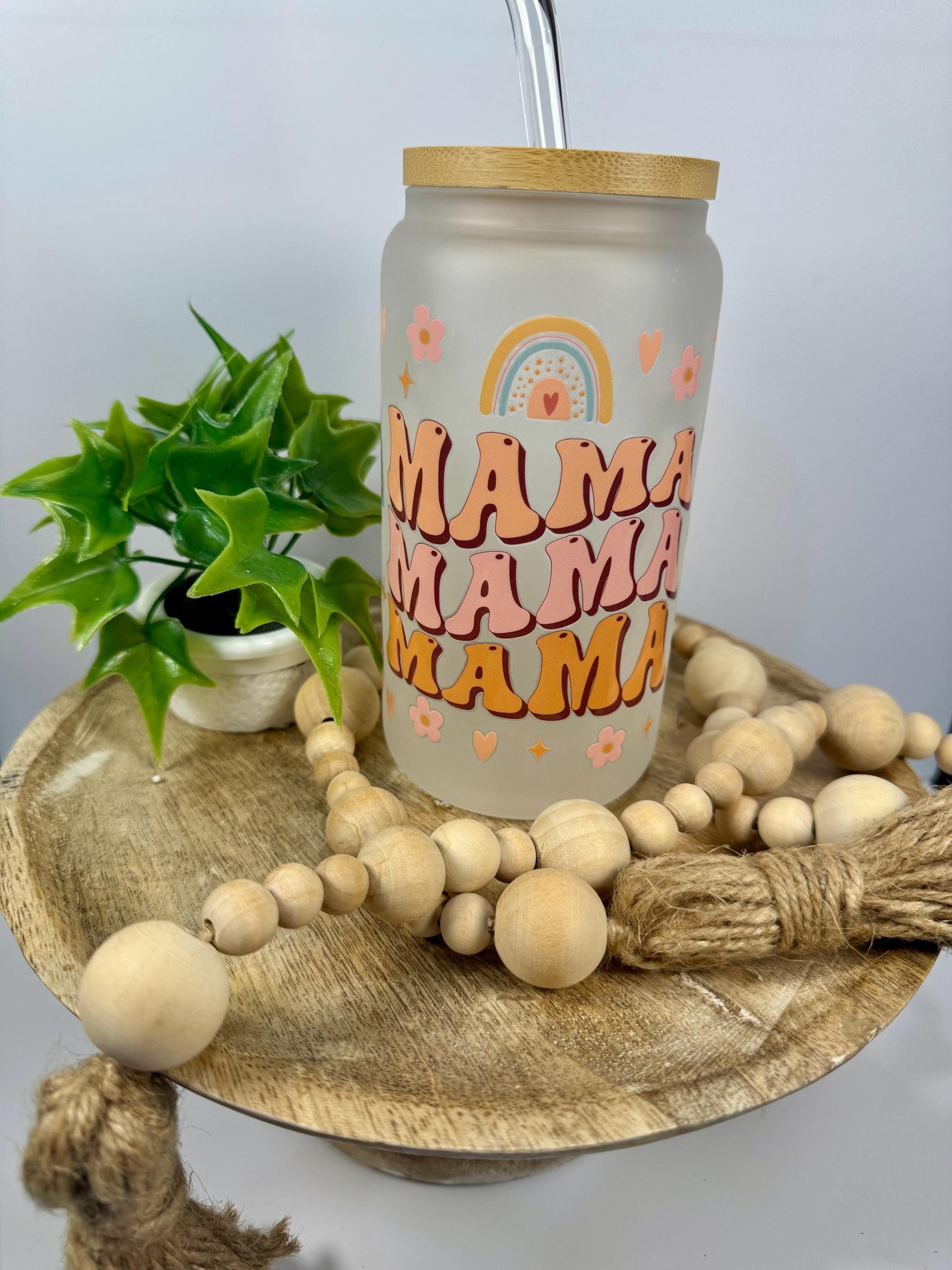 Mama Mama Mama 16oz Glass Cup with Vibrant DTF Wrap