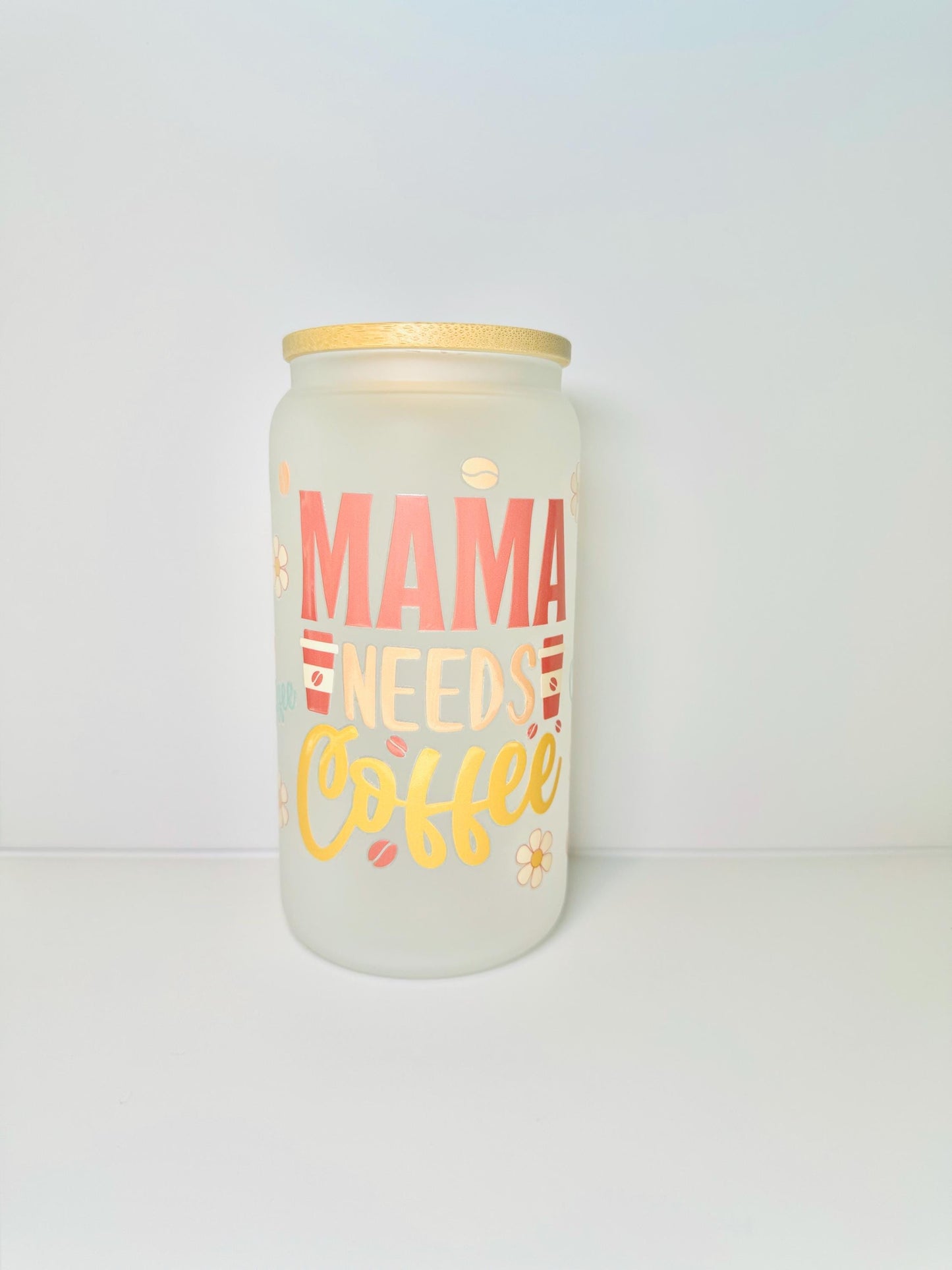 Mama Needs Coffee Glass Cup With Bamboo Lid & Straw