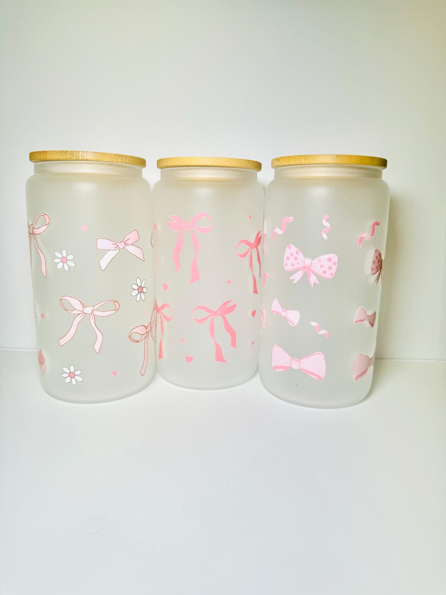 Pink Bows Style 1 Glass Cup With Bamboo Lid & Straw