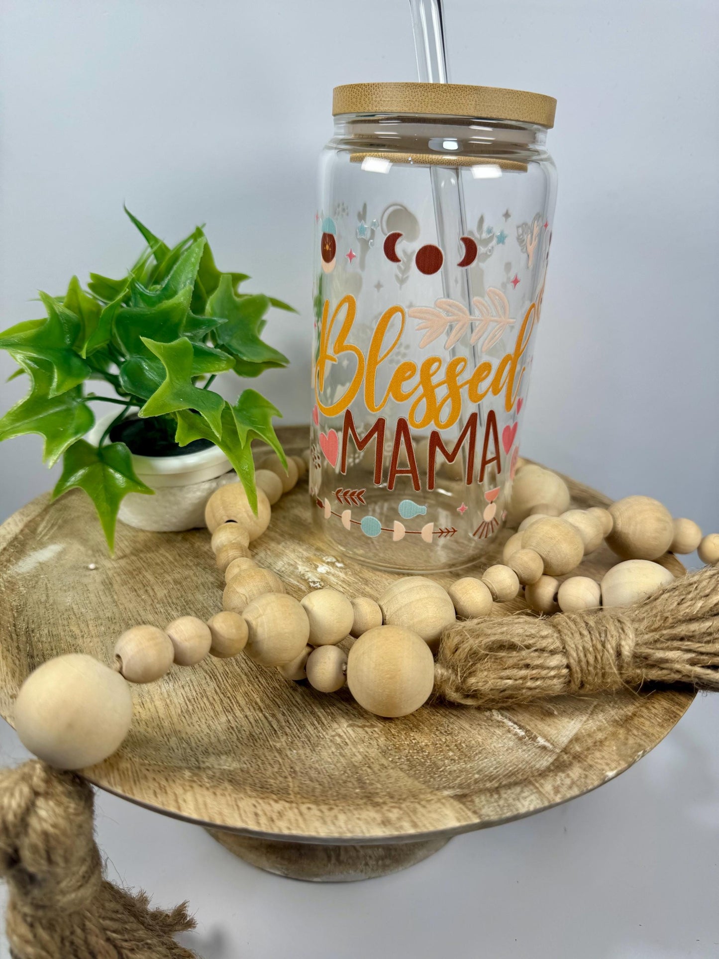 Blessed Mama 16oz Glass Cup with Vibrant DTF Wrap