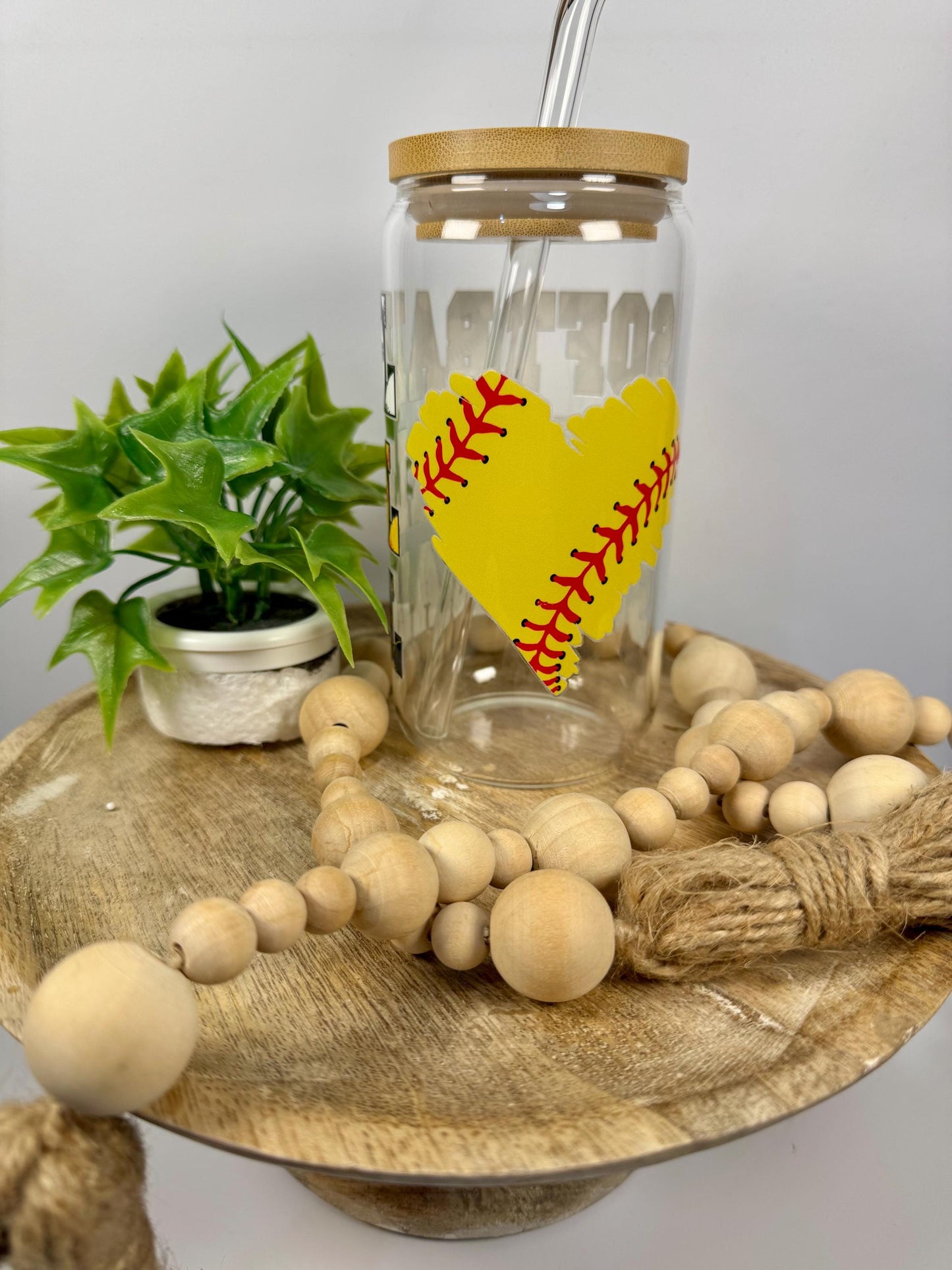 Softball Glass Cup With Bamboo Lid & Reusable Straw for Softball Players or Softball Moms