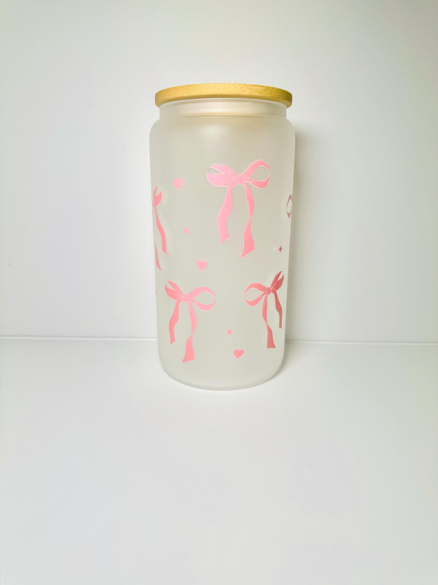 Pink Bows Style 1 Glass Cup With Bamboo Lid & Straw