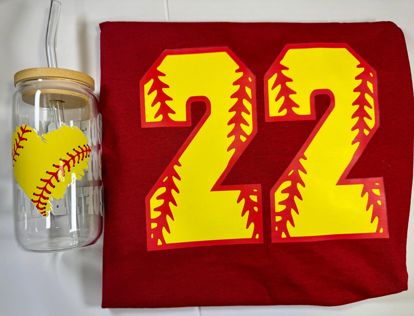 16oz Glass Cup With Bamboo Lid & Reusable Straw With Matching TShirt for Softball Fans Mamas Family and Friends - Eco Friendly Drinkware