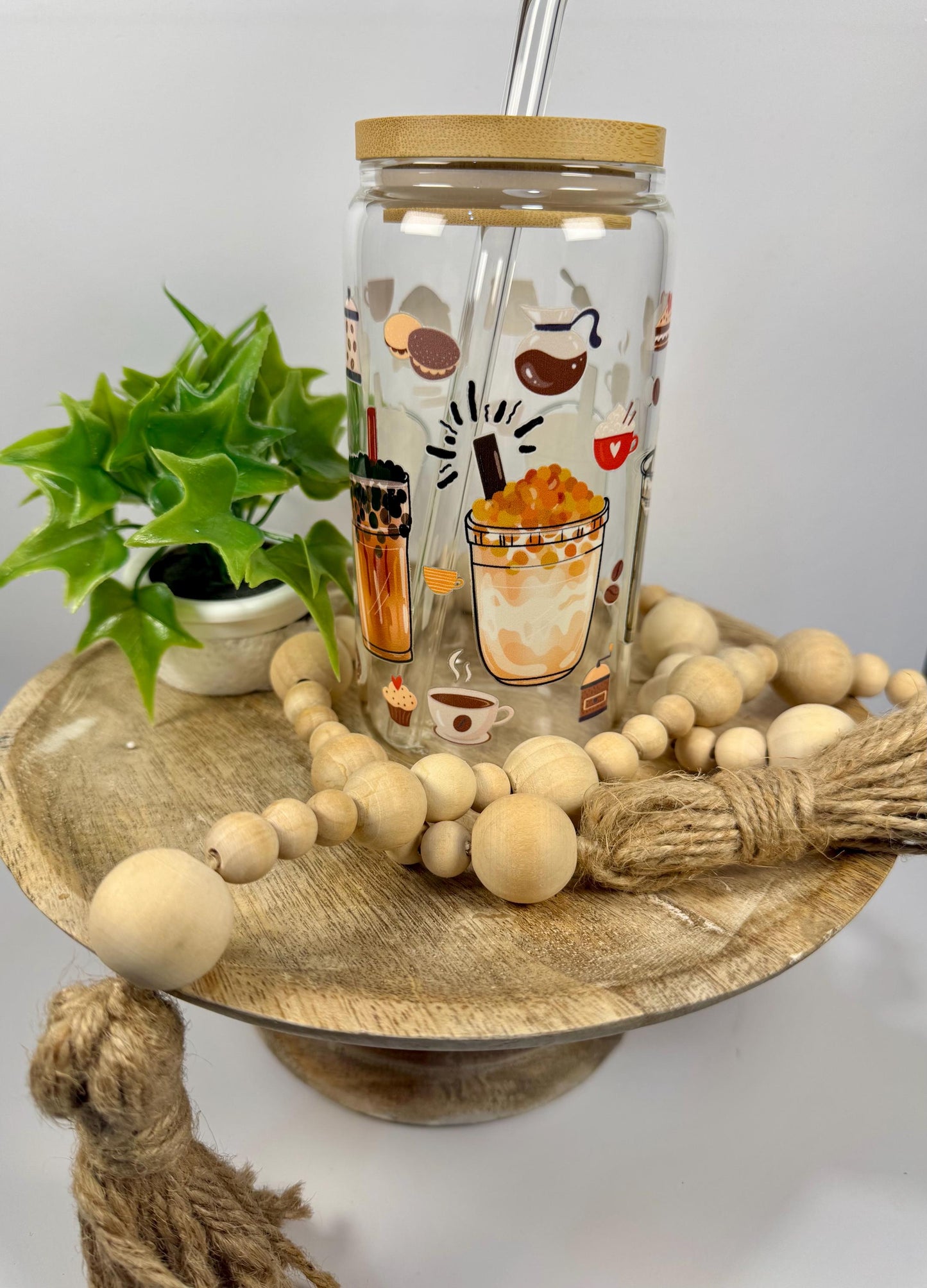 Cute Coffee Style Glass Cup With Bamboo Lid & Reusable Straw for coffee lovers