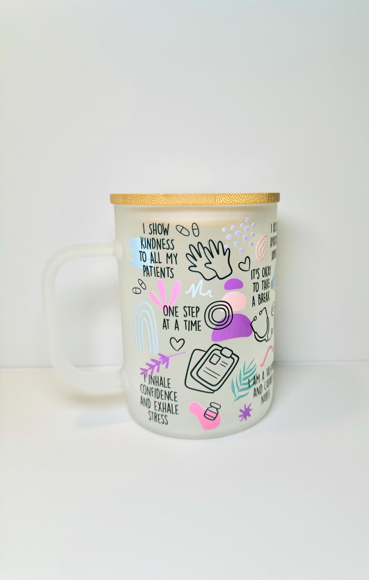 Nurses glass frosted mug With Bamboo Lid & Straw