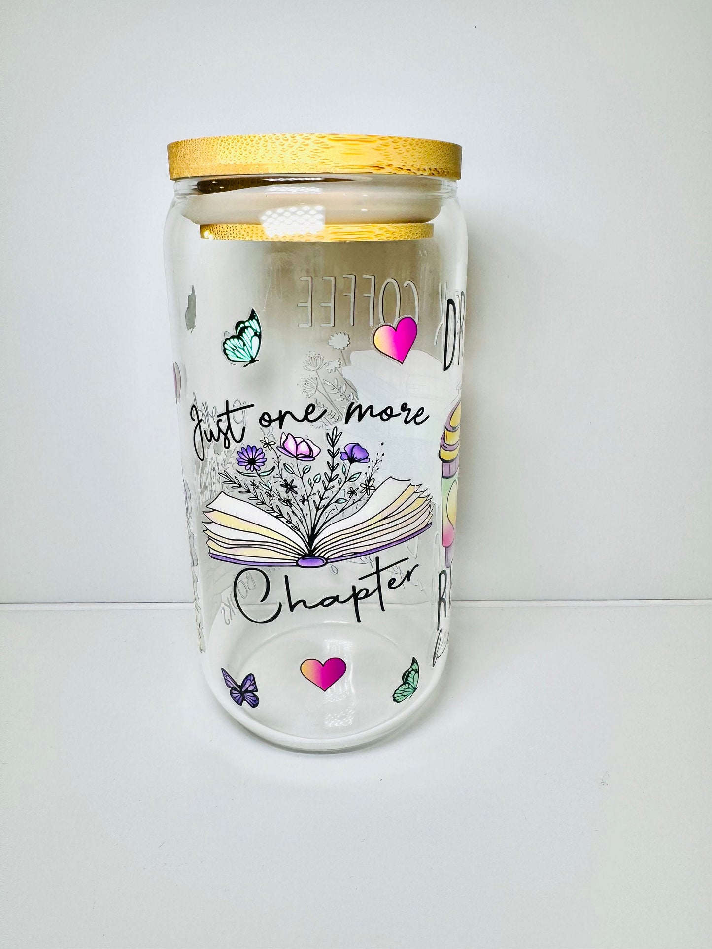 Drink Coffe, Read Books Glass Cup With Bamboo Lid & Reusable Straw for Book lovers