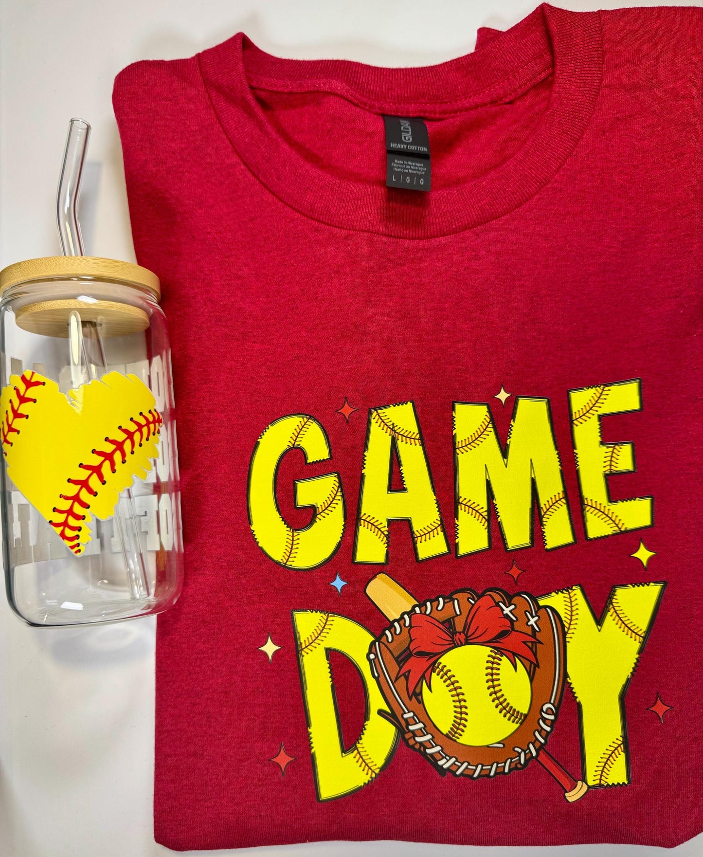 16oz Glass Cup With Bamboo Lid & Reusable Straw With Matching TShirt for Softball Fans Mamas Family and Friends - Eco Friendly Drinkware