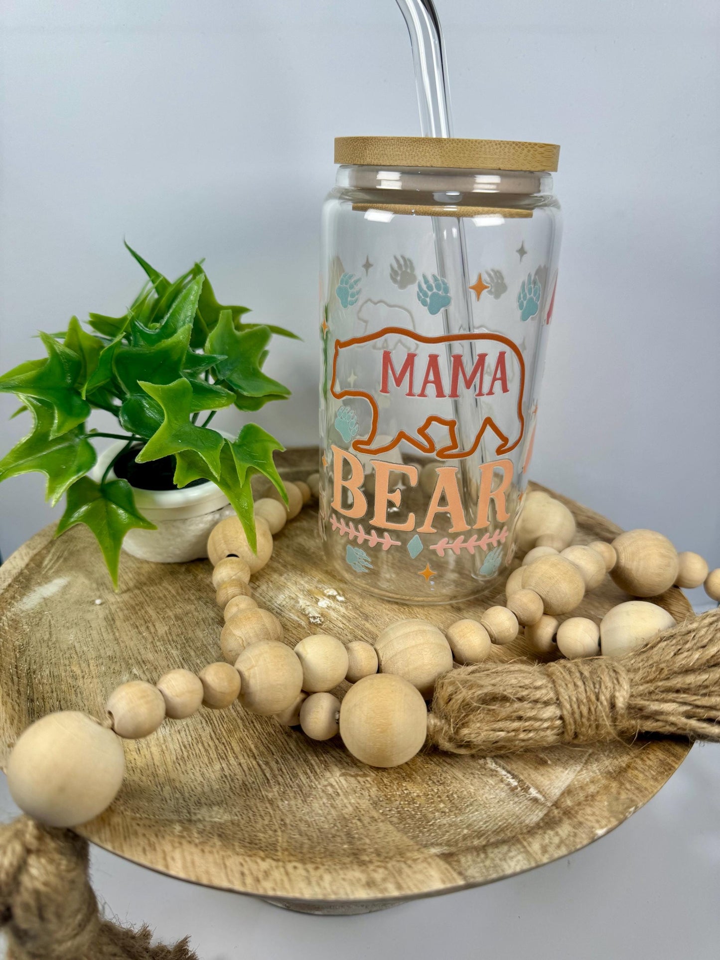 Mama Bear 16oz Glass Cup with Vibrant DTF Wrap