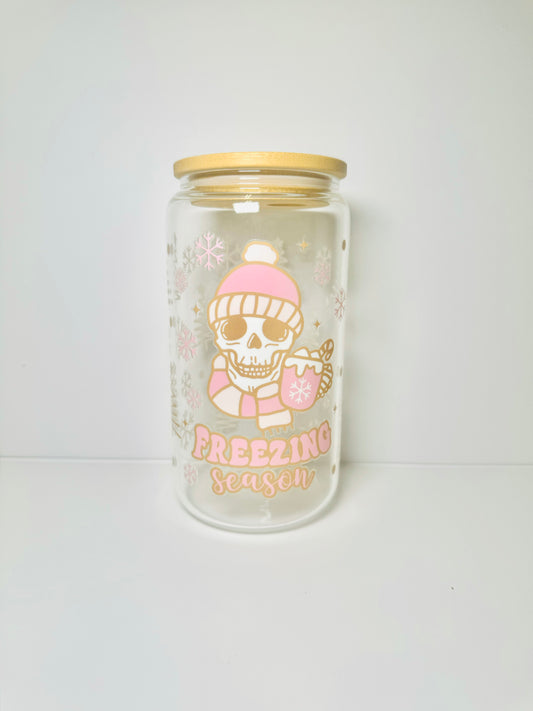 Freezing Season Christmas 16oz Glass Cup with Vibrant DTF Wrap
