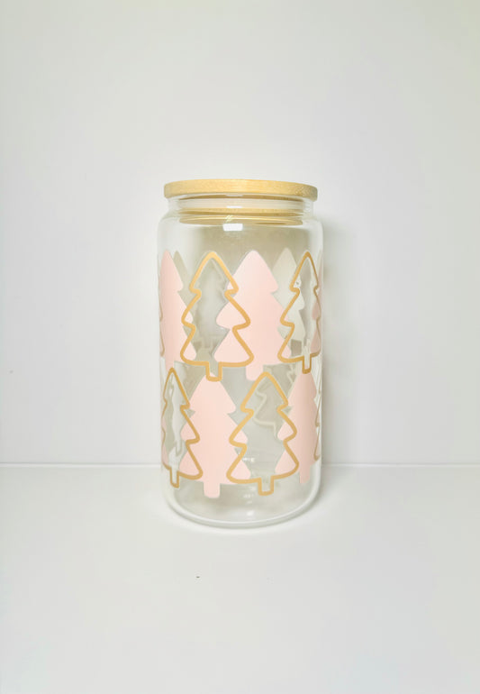 Pink Trees Christmas 16oz Glass Cup with Vibrant DTF Wrap