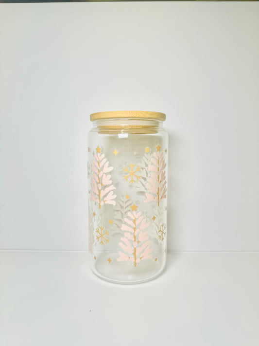 Trees Christmas 16oz Glass Cup with Vibrant DTF Wrap