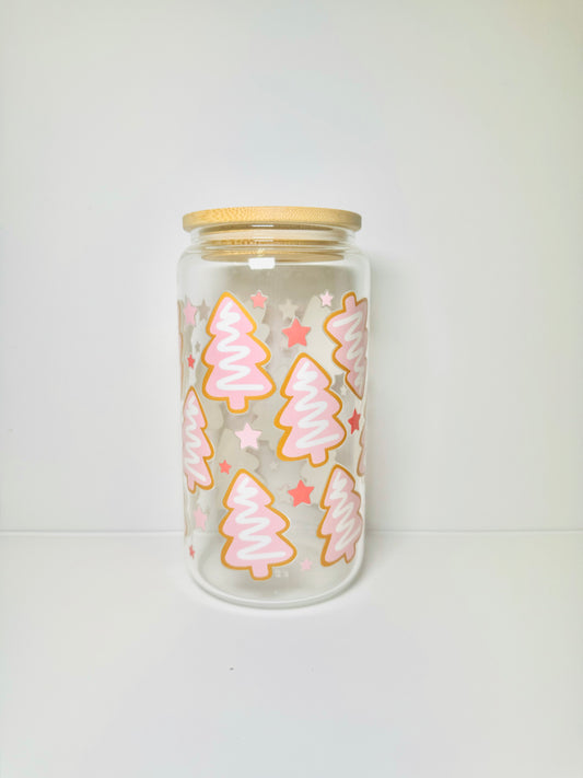 Frosted Pink Trees Christmas 16oz Glass Cup with Vibrant DTF Wrap