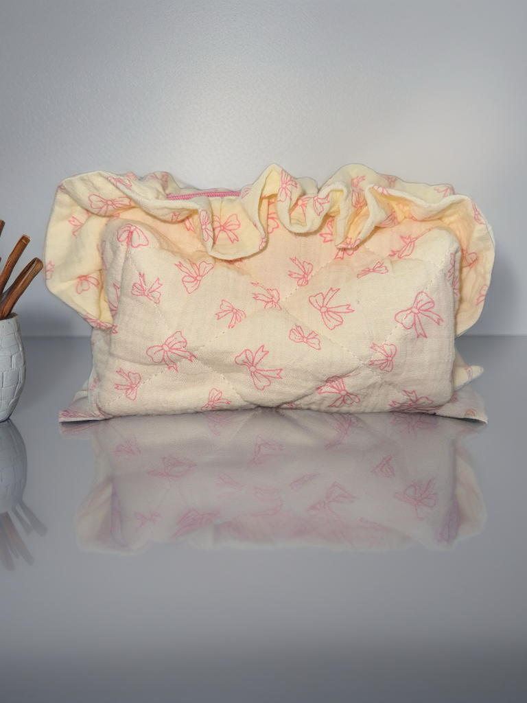✨ Quilted Ruffle Cosmetic & Travel Bag – Pink Bow Print ✨