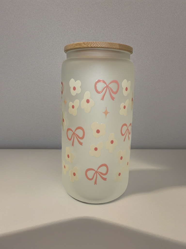 🎀 Floral Bow Glass Cup with Bamboo Lid