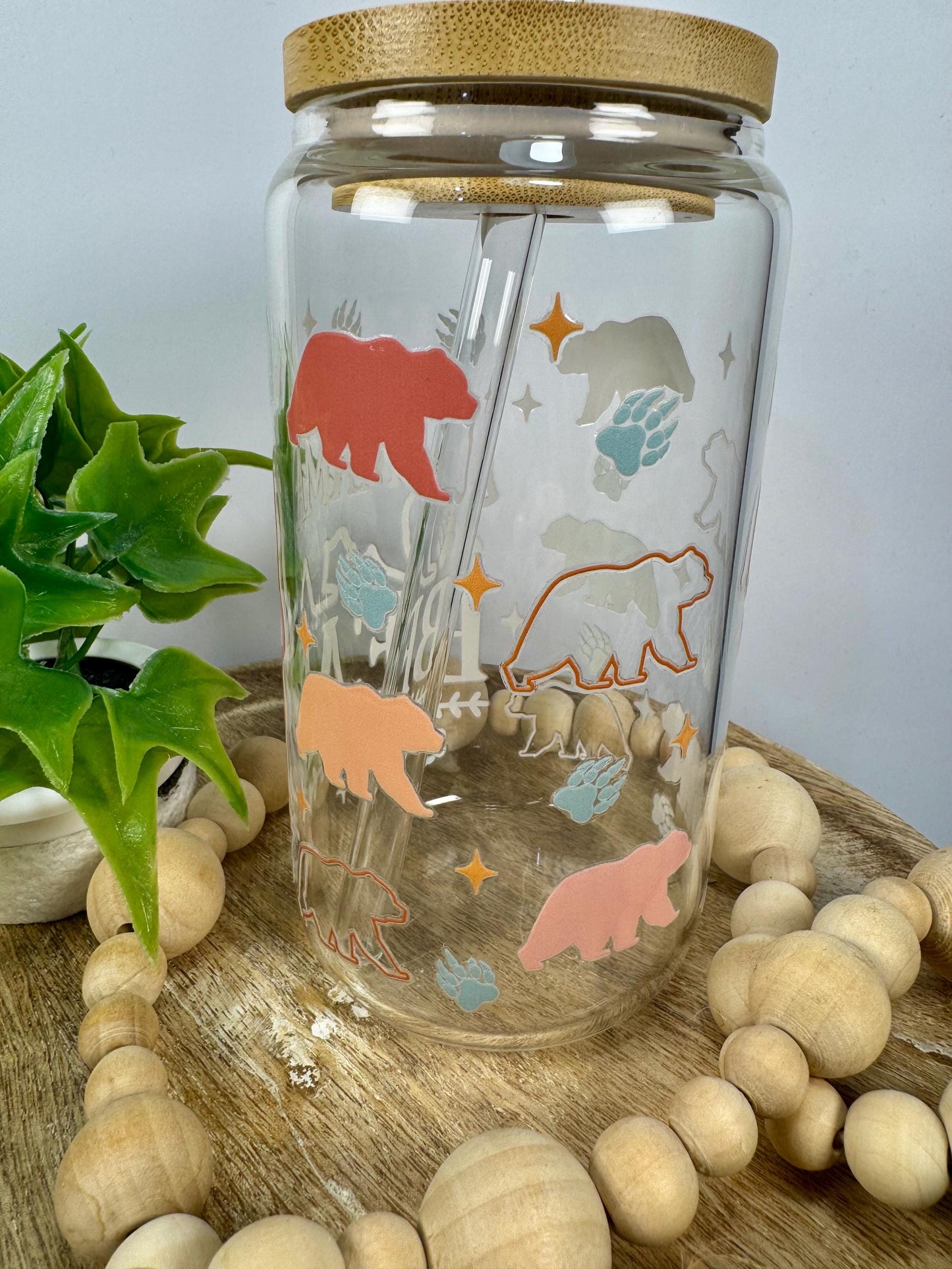 Mama Bear 16oz Glass Cup with Vibrant DTF Wrap